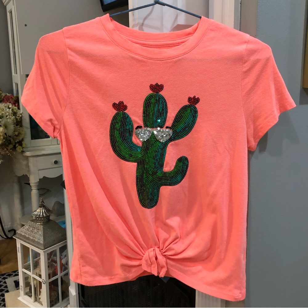 Wonder Nation Neon Coral Sequin Cactus Short Sleeve Shirt Top